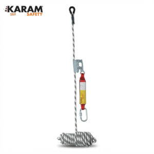Karam Safety rope with descent device and carabiner, white rope with black pattern and coiled end on white background