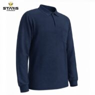 Navy blue long-sleeve polo shirt with a chest pocket, displayed on a white background (Staris Workwear brand logo in the top left corner)