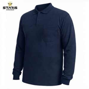 Navy blue long-sleeve polo shirt with a front chest pocket, displayed as a product image by Staris Workwear