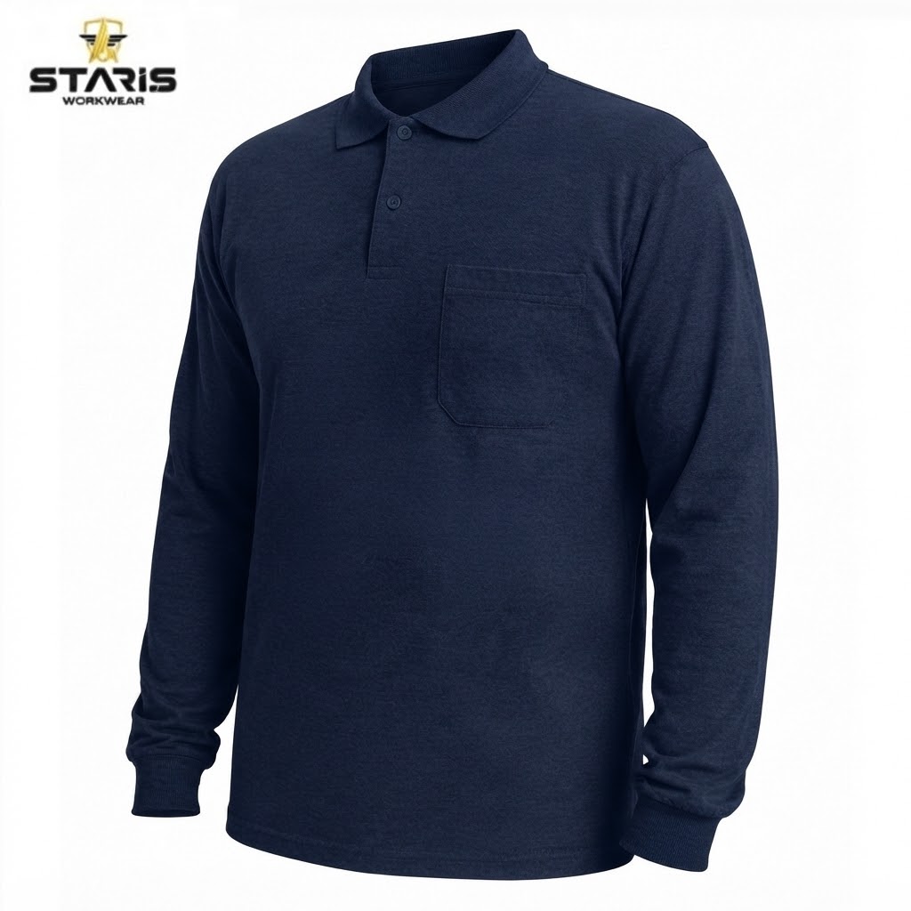 Navy blue long-sleeve polo shirt with a front chest pocket, displayed as a product image by Staris Workwear