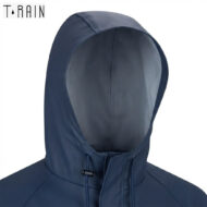 Navy blue hooded rain jacket with adjustable drawstrings and high collar, front view