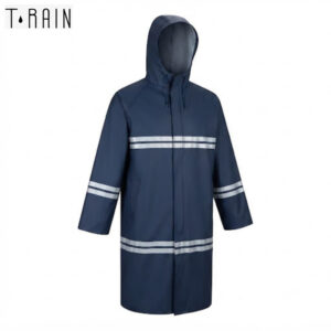 Navy raincoat with hood and reflective stripes across the chest and sleeves, front zipper.