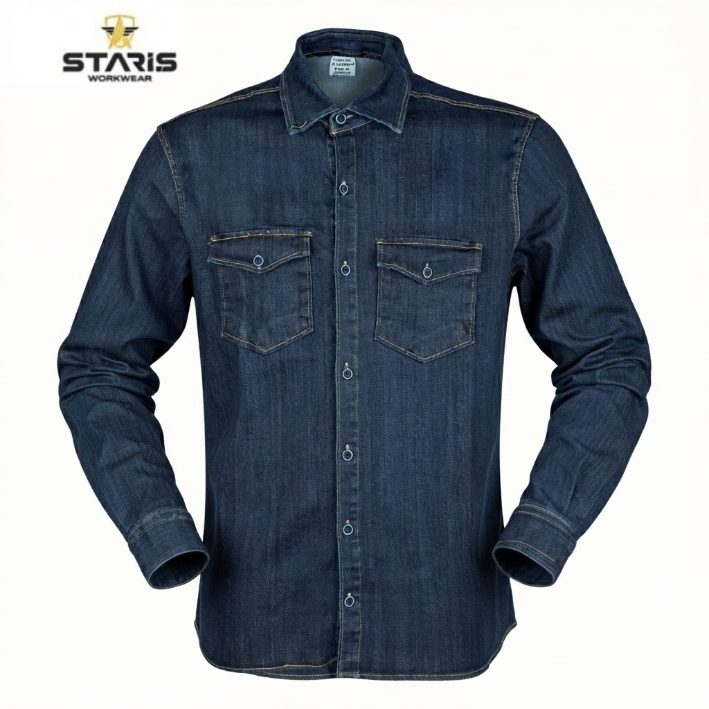 Dark blue denim shirt with a button-down front and two chest pockets on a light background, Staris Workwear logo in top-left.