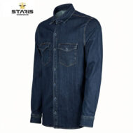 Dark blue denim button-down shirt with two chest pockets and yellow-stitched seams, long sleeves and cuffed hems.