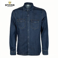 Dark blue denim shirt with a button-front and two chest pockets with contrast stitching at the seams.