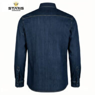 Back view of a dark blue denim shirt with long sleeves and visible stitching. Staris Workwear logo appears in the top left corner, white background.
