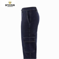 Dark blue cargo work pants shown from the side with a large thigh pocket; brand logo in top-left corner (STARIS Workwear).