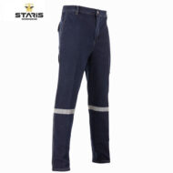 Dark blue work pants with a reflective silver band around the lower legs, straight/regular fit, branded Staris Workwear logo in top left corner.