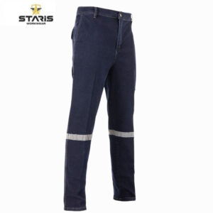 Dark blue work pants with a reflective silver band around the lower legs, straight/regular fit, branded Staris Workwear logo in top left corner.