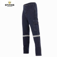 Dark blue cargo work pants with knee-level reflective stripes and a side cargo pocket, Staris Workwear logo in corner