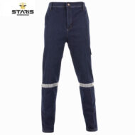 Dark blue work pants with reflective silver bands around the lower legs and a Staris Workwear logo in the corner.