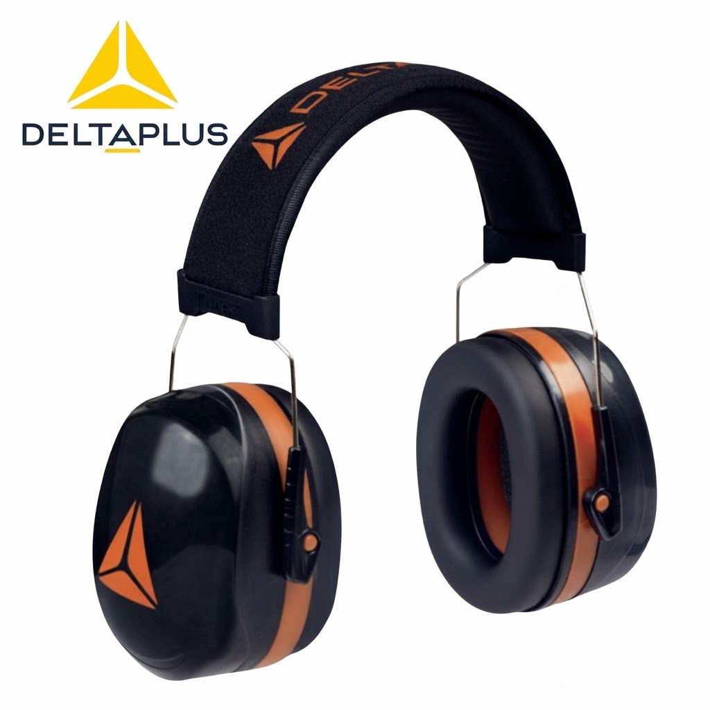 DeltaPlus black over-ear headphones with orange accents and logo on the ear cups.