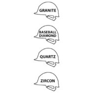Four football helmets stacked vertically, each labeled with a stone name: Granite, Baseball Diamond, Quartz, Zircon.