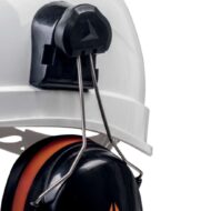 White hard hat with black earmuff hearing protection attached, shown in close-up view.