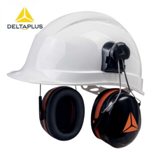 White hard hat with black and orange earmuff hearing protection, DeltaPlus logo visible on the top left