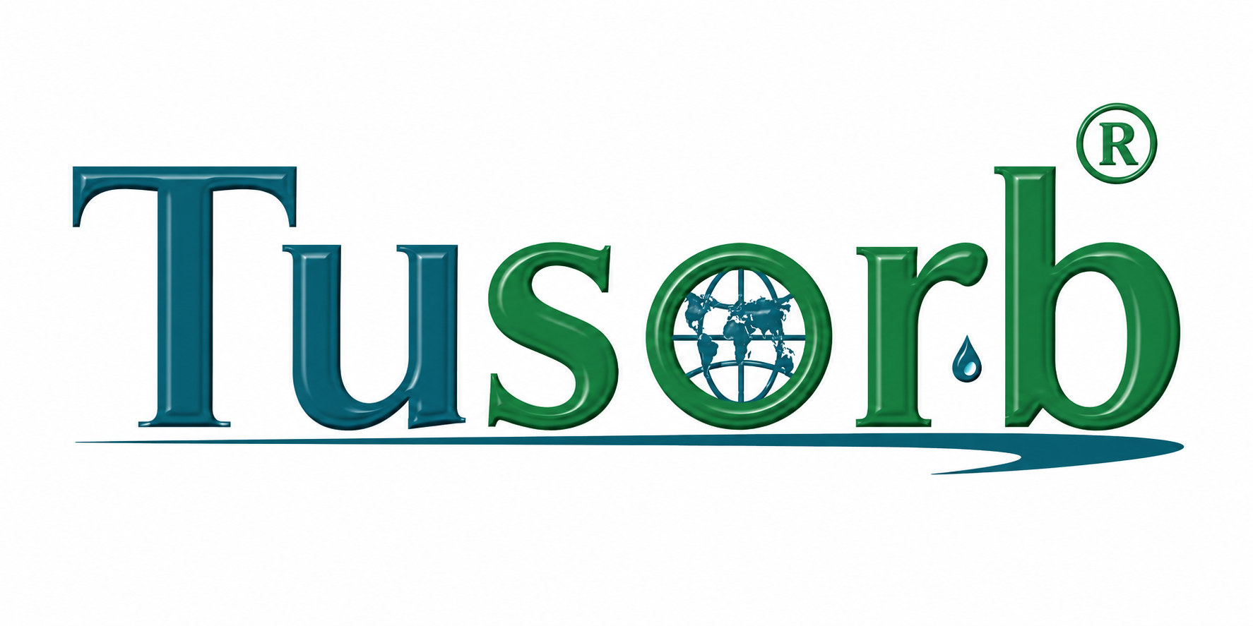 Tusorb logo: teal-green wordmark with a globe inside the 'o' and a water drop near the end, plus a curved blue underline.