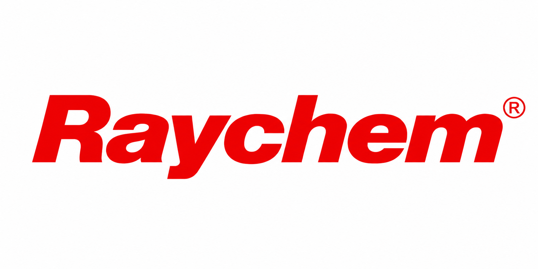 Raychem logo in bold red italic type on white background, brand wordmark of Raychem