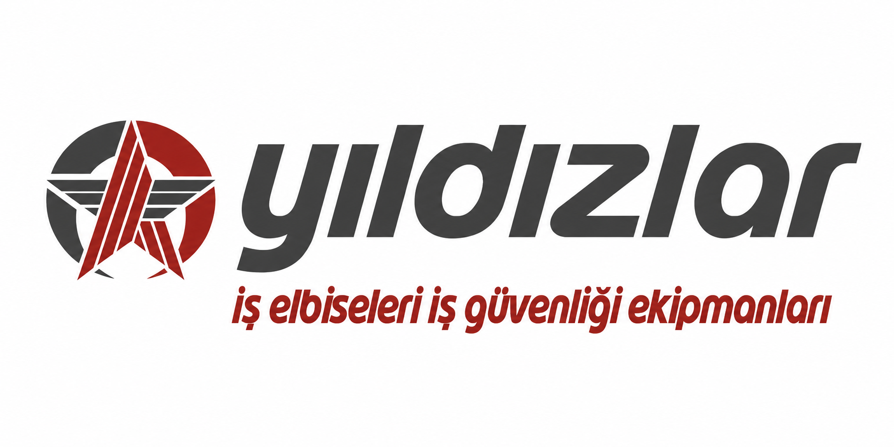 Logo for Yıldızlar: circular red-gray emblem with a stylized star and the bold dark wordmark ‘Yıldızlar’; red italic tagline reads “iş elbiseleri iş güvenliği ekipmanları.”