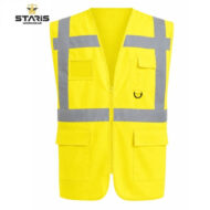 High-visibility yellow safety vest with grey reflective bands and multiple pockets for workwear use
