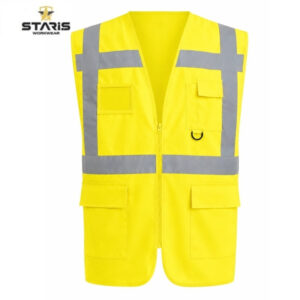 High-visibility yellow safety vest with grey reflective bands and multiple pockets for workwear use
