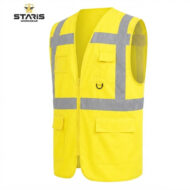 High-visibility yellow safety vest with reflective gray stripes, multiple pockets, and a front zipper.