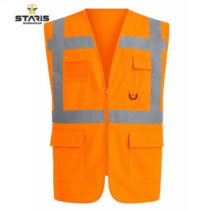 High-visibility orange safety vest with gray reflective stripes and multiple pockets, designed for construction or outdoor work