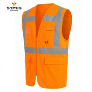 Orange high-visibility safety vest with reflective silver stripes, zipper front, and multiple pockets (informational image for workwear)