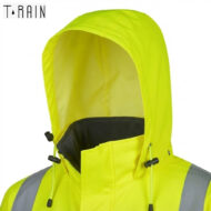 High-visibility neon yellow rain jacket with hood and reflective stripes for outdoor safety.