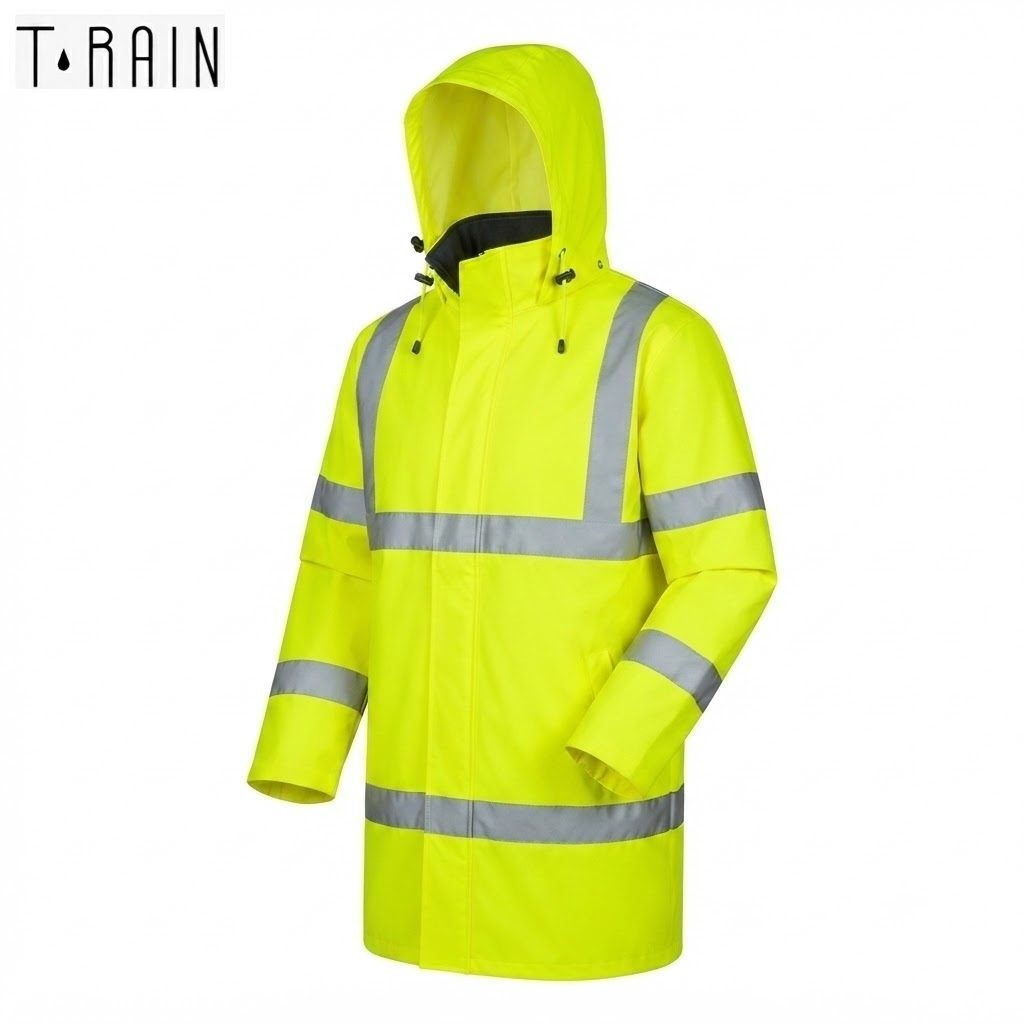 Bright yellow high-visibility rain jacket with reflective silver stripes and a hood, designed for safety in wet conditions.
