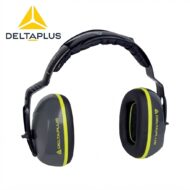 DeltaPlus over-ear safety earmuffs for hearing protection, gray with neon yellow accents and brand logo visible