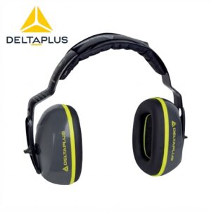 DeltaPlus over-ear safety earmuffs for hearing protection, gray with neon yellow accents and brand logo visible