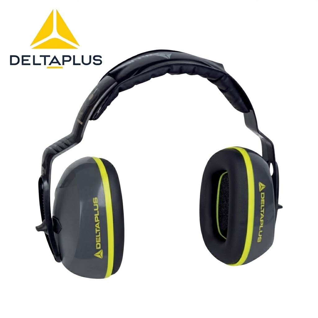 DeltaPlus over-ear safety earmuffs for hearing protection, gray with neon yellow accents and brand logo visible