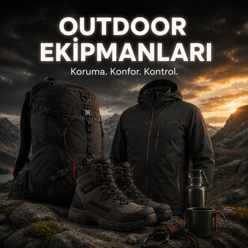 Outdoor hiking gear arranged on rocky terrain with a black backpack, boots, jacket, water bottle and mug against a mountain sunset backdrop.