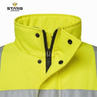 Bright yellow high-visibility work jacket with front zipper, snap buttons, and reflective stripes.