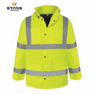 Neon yellow high-visibility jacket with reflective gray bands and multiple pockets.