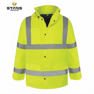 Neon yellow high-visibility jacket with reflective gray bands and multiple pockets.