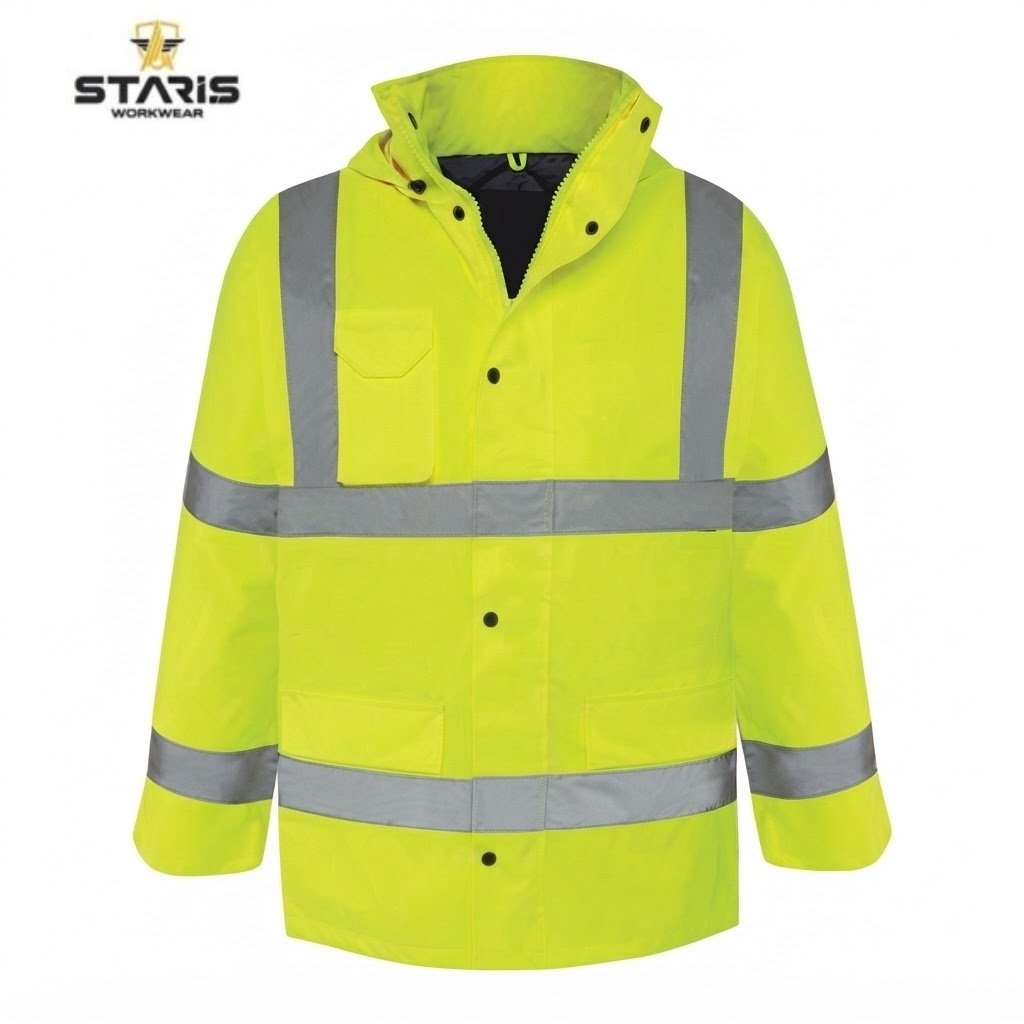 Neon yellow high-visibility jacket with reflective gray bands and multiple pockets.