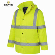 High-visibility neon yellow work jacket with reflective silver bands around torso and sleeves, front pockets and zipper closure. top-left shows Staris Workwear logo.