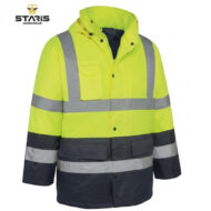 High-visibility neon yellow and navy work jacket with reflective bands and front pockets.