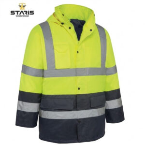High-visibility neon yellow and navy work jacket with reflective bands and front pockets.