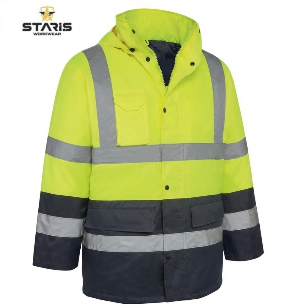 High-visibility neon yellow and navy work jacket with reflective bands and front pockets.