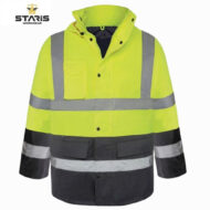 High-visibility safety jacket in neon yellow with reflective bands for low-light visibility.