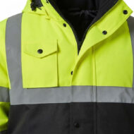 High-visibility neon jacket with gray reflective stripes and a small front pocket with snap flap.