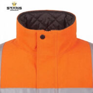 High-visibility orange work jacket with reflective bands and a quilted inner collar, by Staris Workwear.