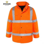 High-visibility orange safety jacket with reflective silver stripes and multiple pockets (Staris Workwear).