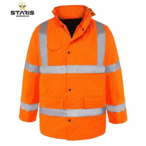 High-visibility orange safety jacket with reflective silver stripes and multiple pockets (Staris Workwear).