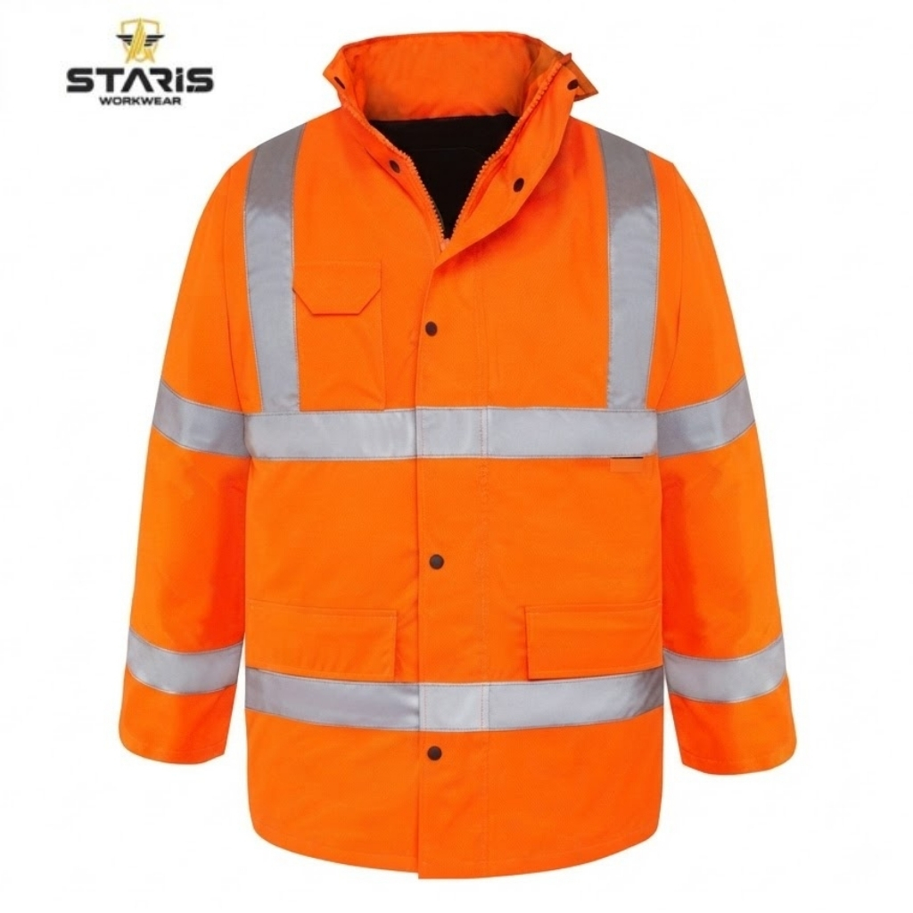 High-visibility orange safety jacket with reflective silver stripes and multiple pockets (Staris Workwear).
