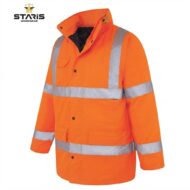 Bright orange hi-visibility work jacket with two reflective silver bands around torso and sleeves, front pockets.