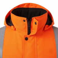 Close-up of a bright orange waterproof jacket with a black inner collar and front zipper.