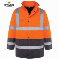 Orange high-visibility safety jacket with reflective silver stripes and gray lower panels, suitable for construction work.